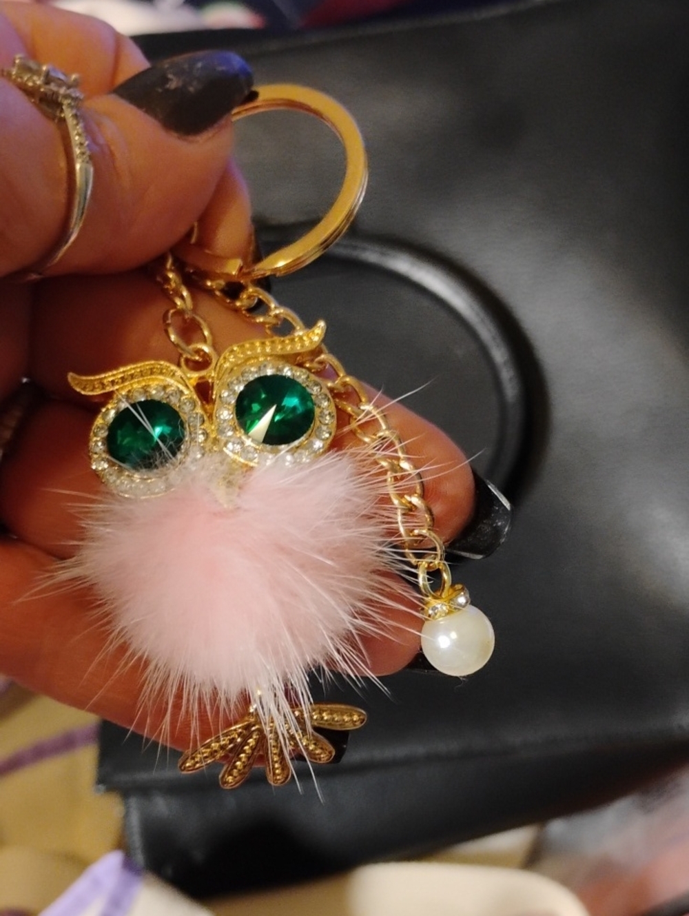 Gold Owl Keychain with Pink Fur and Green Crystal Eyes